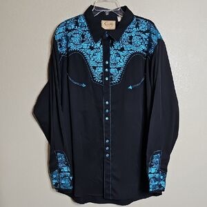 Scully XXL Black Western Shirt Blue Floral  Embroidery Pearl Snap Long Sleeve